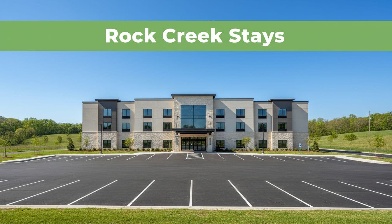 Modern hotel front with parking lot in Alabama countryside under blue sky, green top banner with white 'Rock Creek Stays' text.