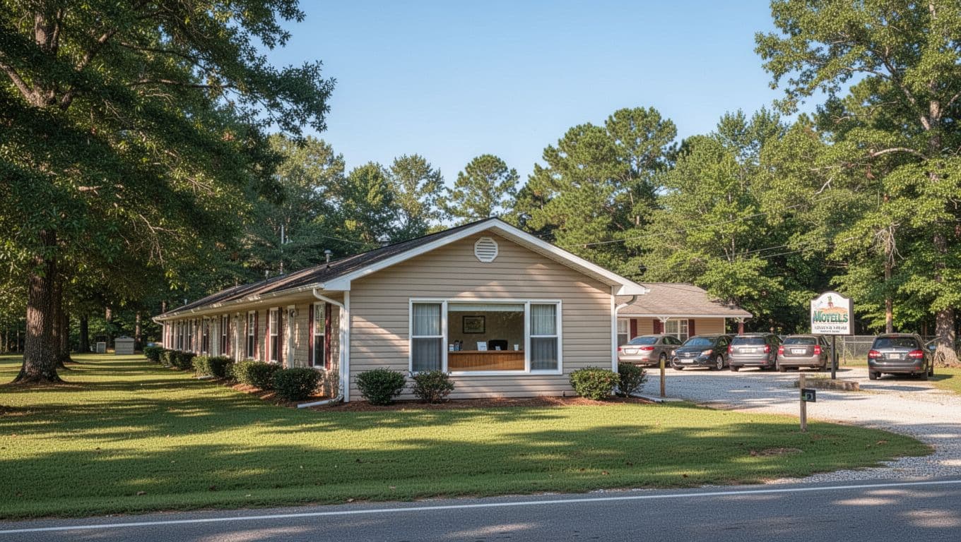 Single-story motel exterior with Highway 72 sign, green lawns, gravel lot with parked cars, front entrance, and top green 'Rogersville Hotels' banner under blue sky.