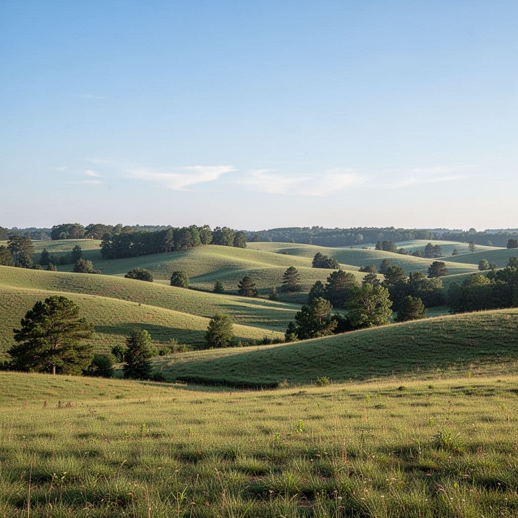 Sunlit green fields stretch across gentle rolling hills under a bright clear blue sky.