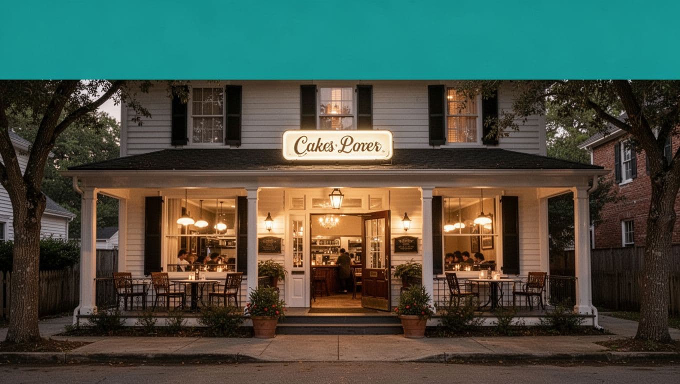 Green top band with TOP DINER headline above Ruby's diner exterior in Abbeville Alabama historic house, warm evening light, open door showing interior.