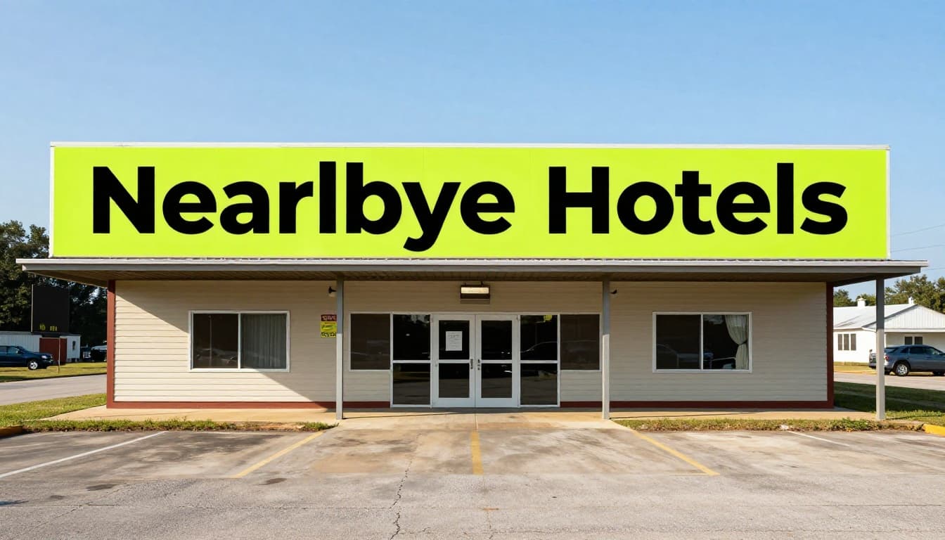 Exterior of single-story budget motel with parking lot and entrance sign under clear sky. Green banner at top reads 'Nearby Hotels'.