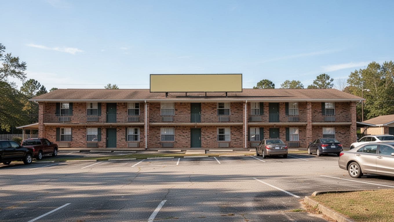 Brick budget motel facade in rural Alabama with parking lot, few cars parked, entrance sign, blue sky, and green 'TOP PICKS' banner across top.