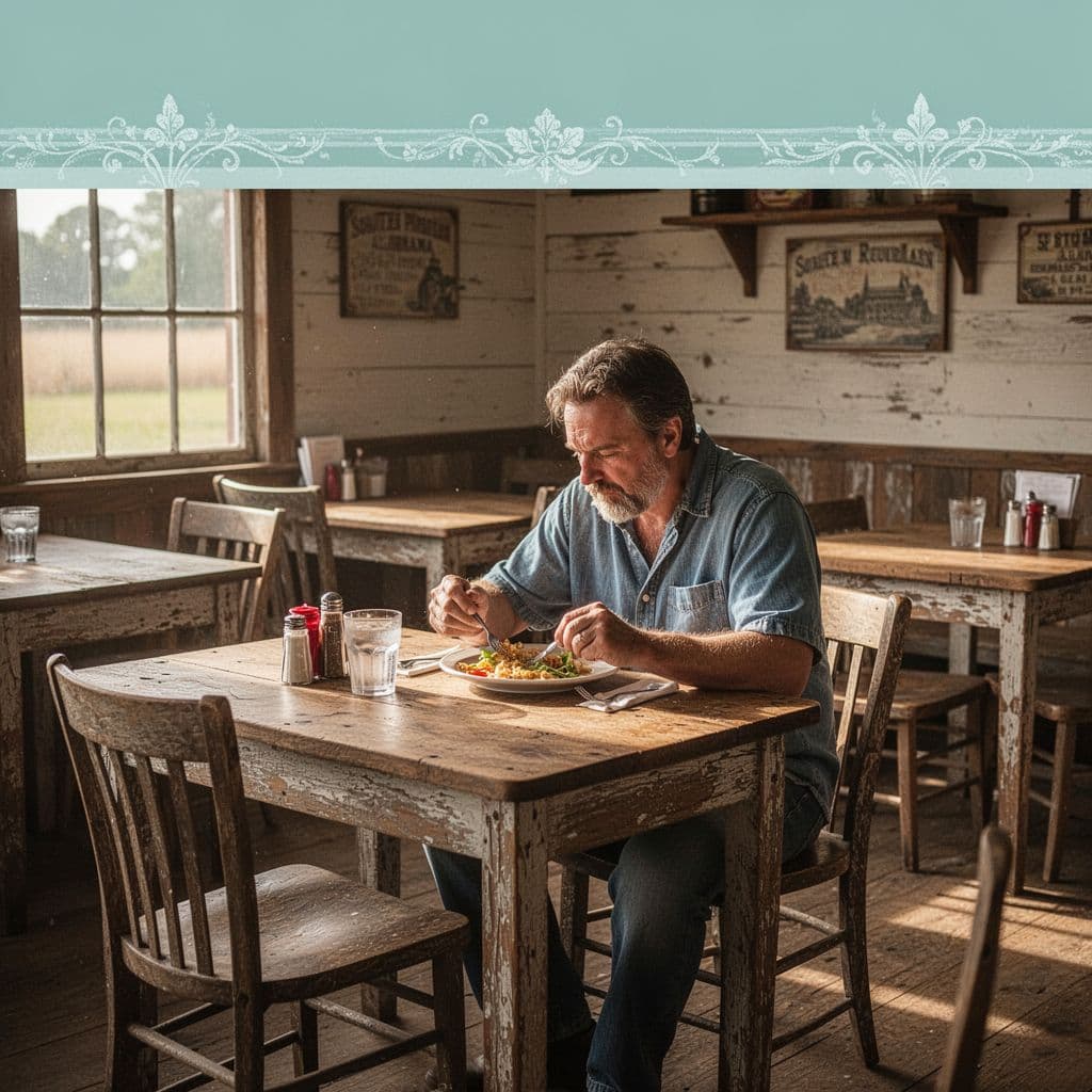 A single person enjoys a meal at a wooden table in a rural Alabama roadside dining room.