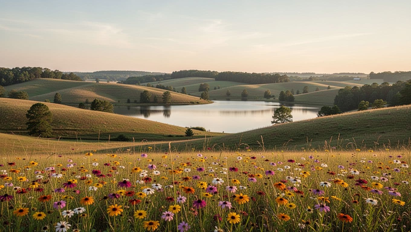 Rolling hills, background lake, foreground wildflowers in rural Alabama under golden hour light, green top band with 'RURAL ESCAPE' headline.