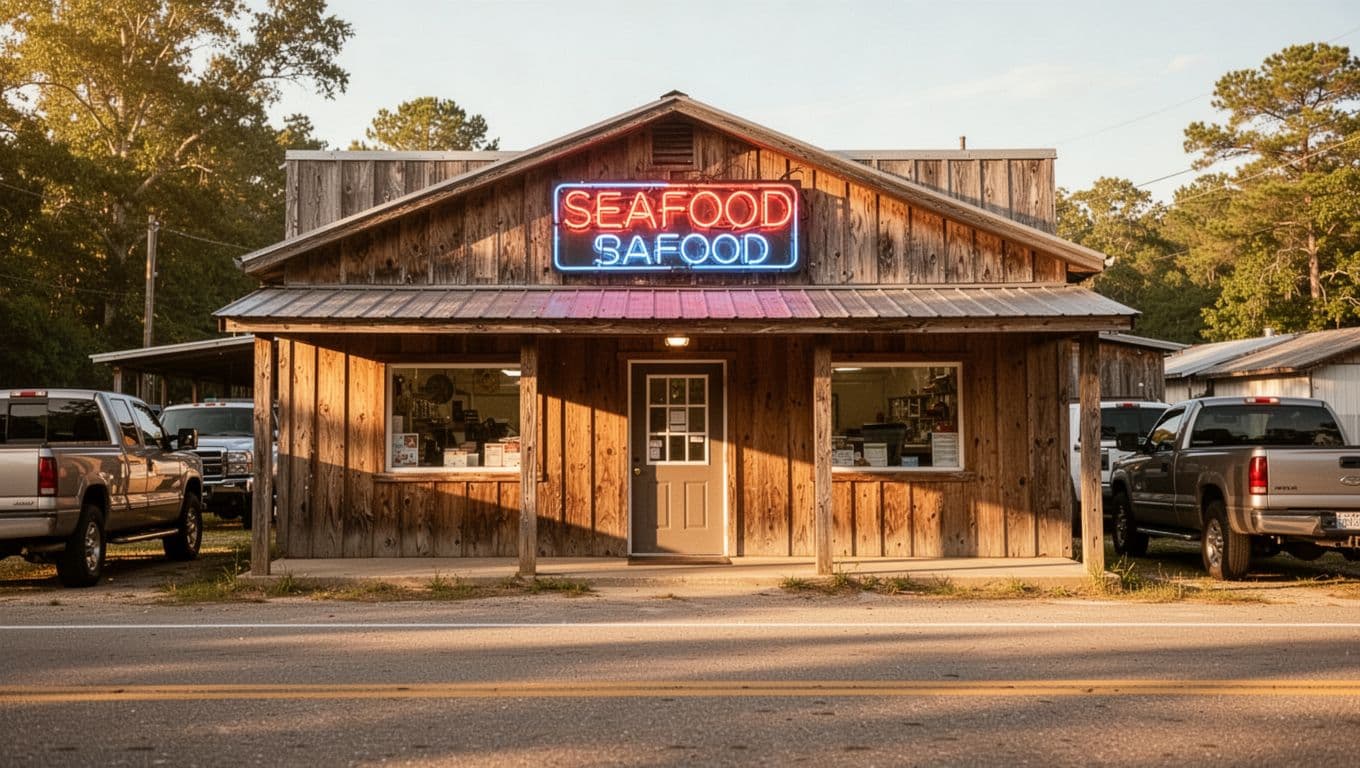 Wooden fish camp building with neon sign, parked pickup trucks, sunny golden light, green 'FISH CAMP' headline band at top.