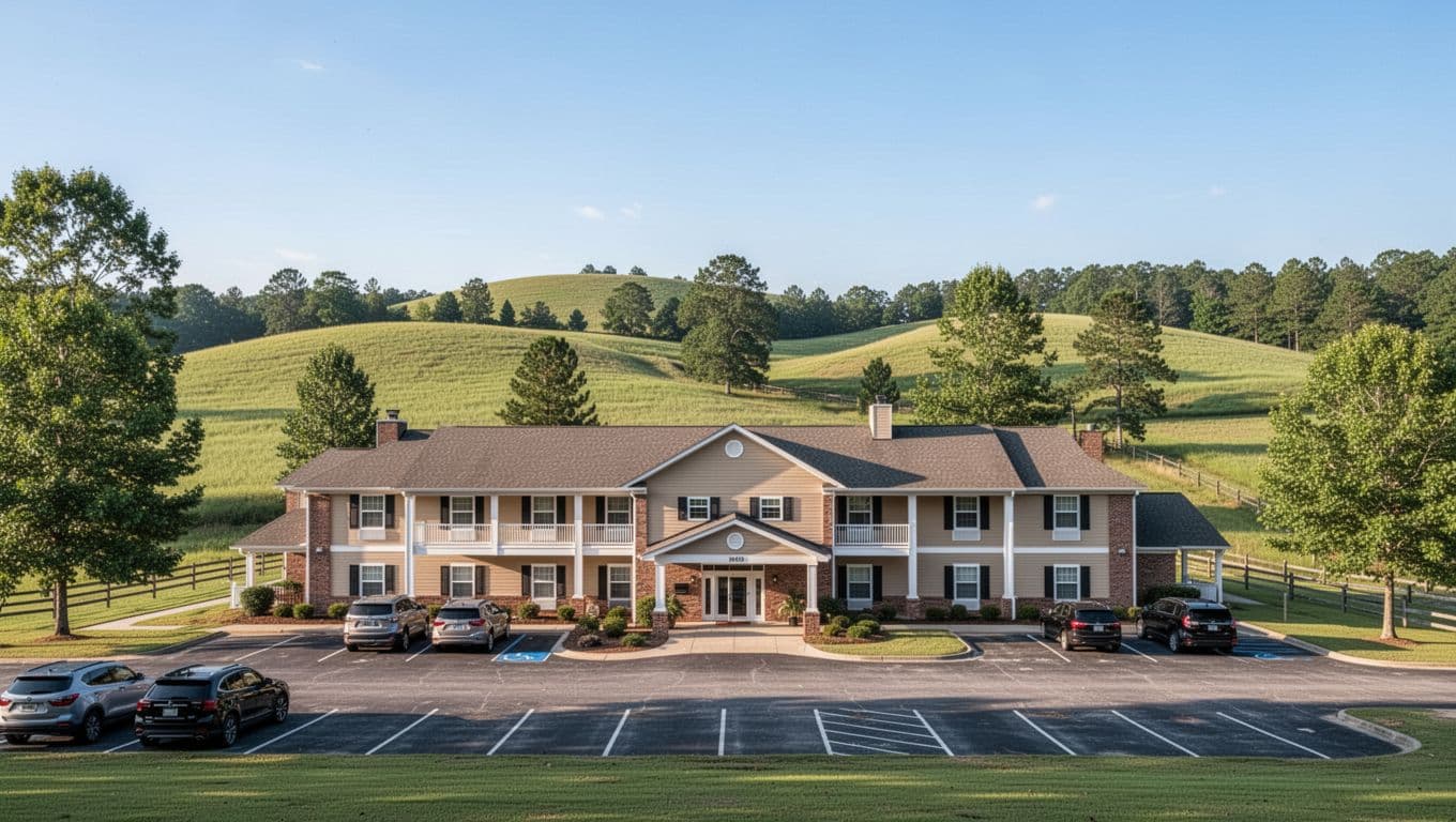 Single hotel building with empty parking lot, green hills and trees behind, clear daylight sky.