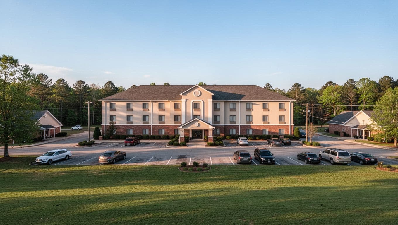 Mid-range hotel exterior in rural Alabama shows parking lot with few cars, green lawns, American flag, and blue sky under green 'TOP PICKS' banner.