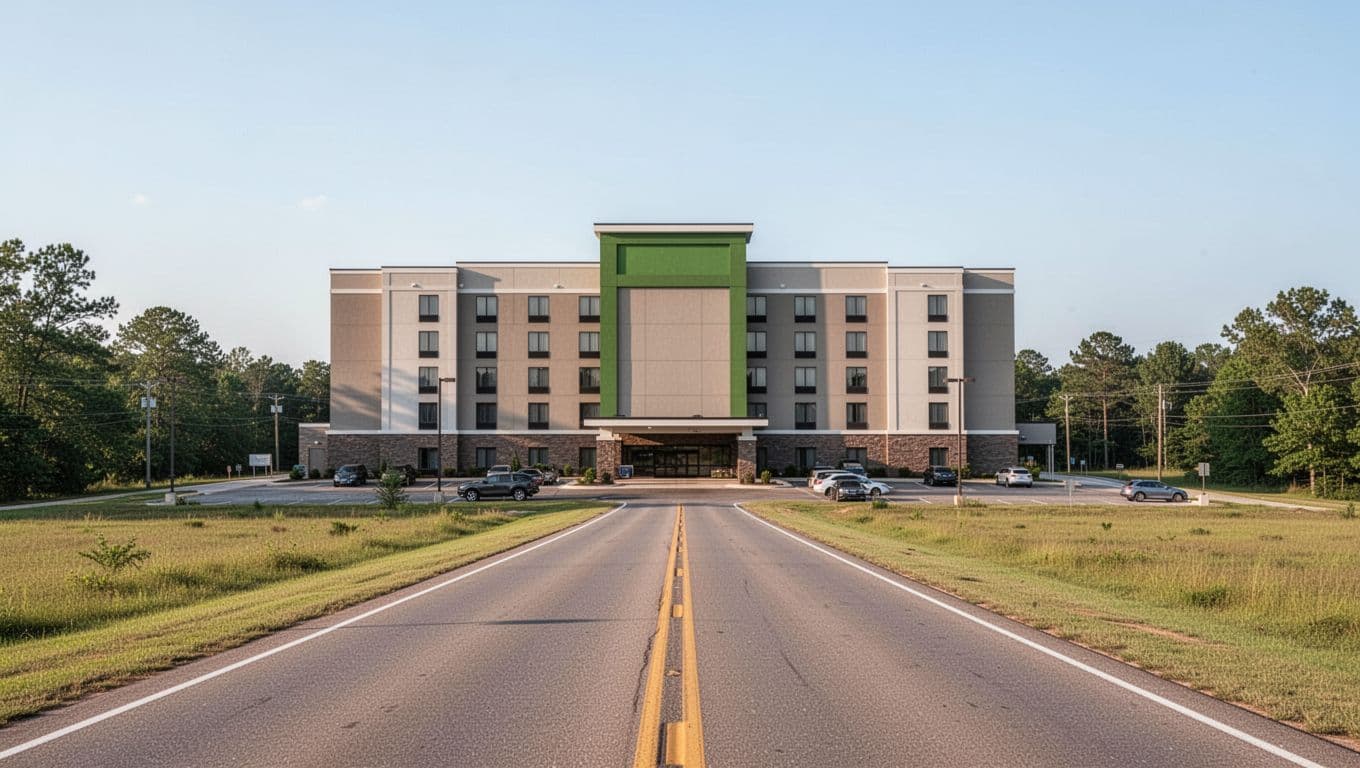 Modern chain hotel exterior with parking lot along highway under clear daytime sky, green 'Nearby Stays' banner at top.
