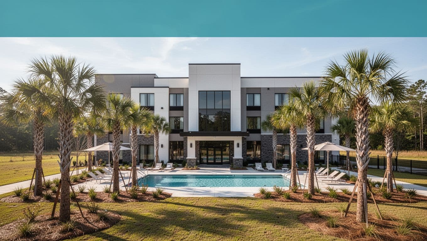 Modern hotel exterior centered on entrance with outdoor pool and palm trees in sunny rural setting, green 'Nearby Hotels' banner across top.