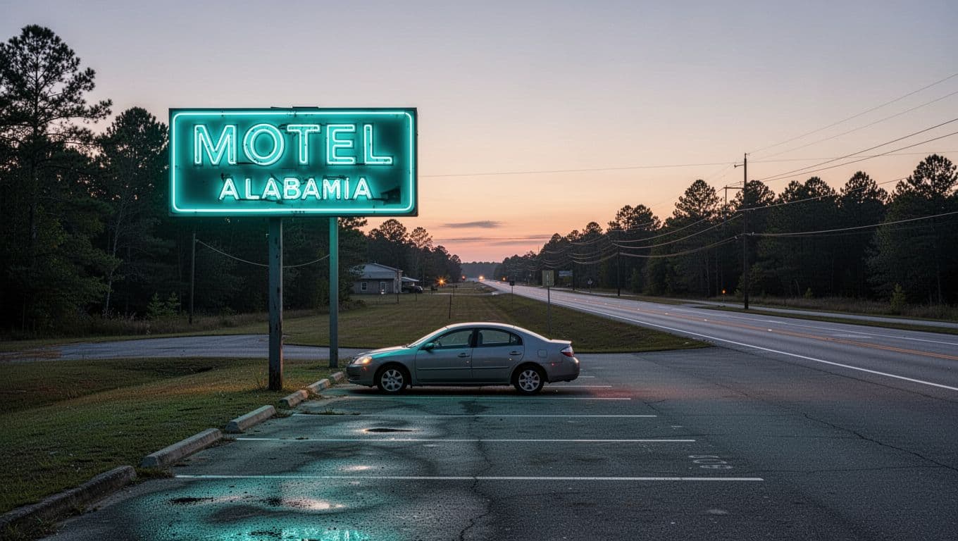 Neon 'Nearby Hotels' motel sign glows at dusk over rural Alabama parking lot with one car and open road.