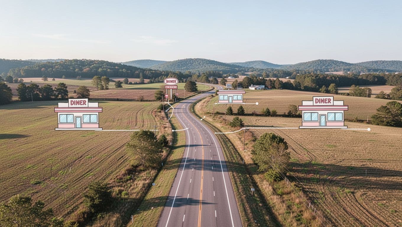 Illustrative aerial map of rural Alabama roads from Millport to Vernon with three diner icons and top 'Nearby Eats' banner.