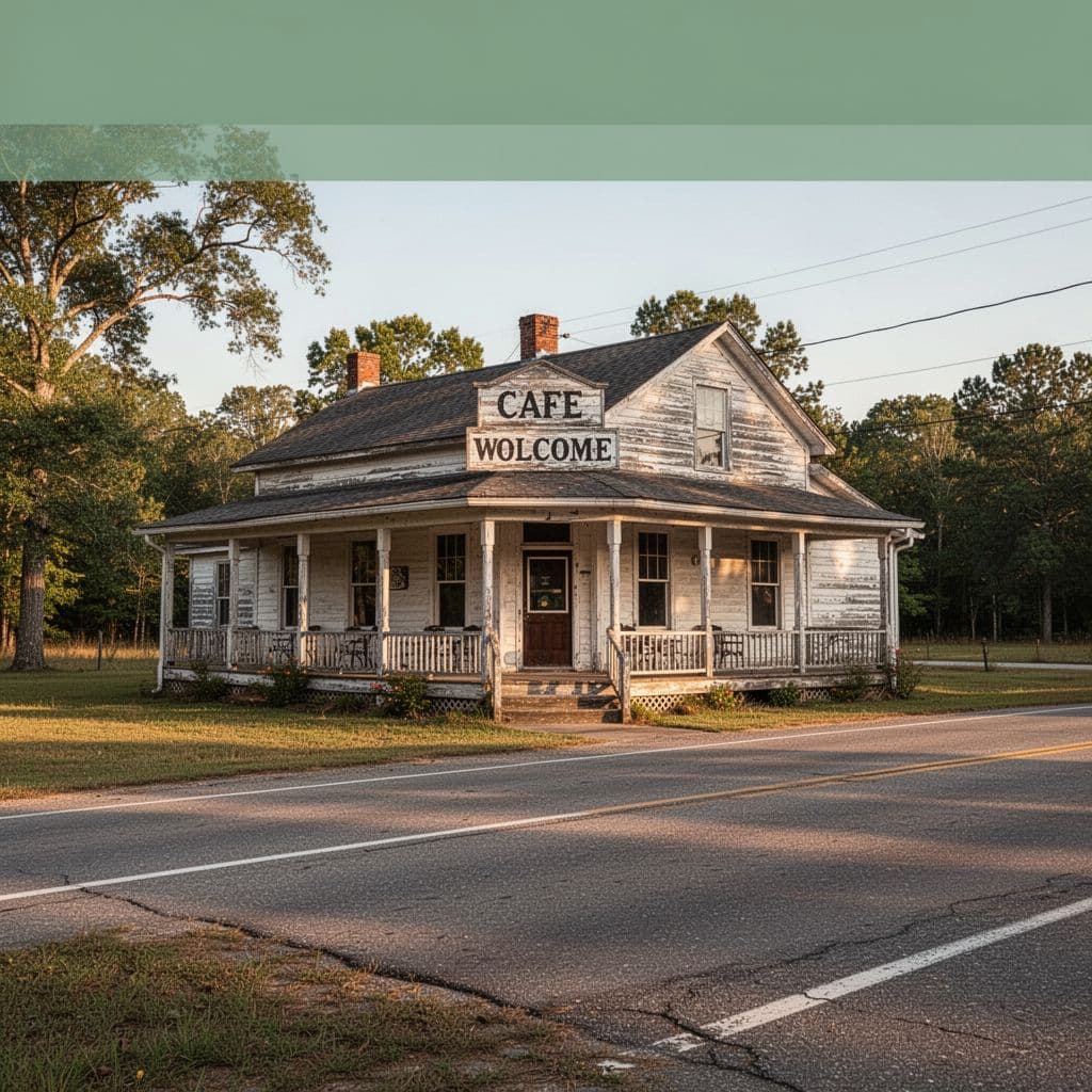 Roadside cafe building with welcoming porch and top green band reading 'Local Flavors'.