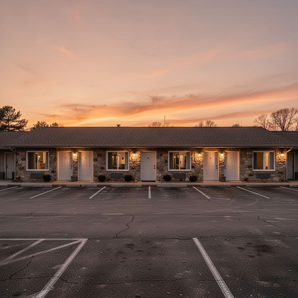 A single-story motel building sits illuminated under an orange sunset sky.