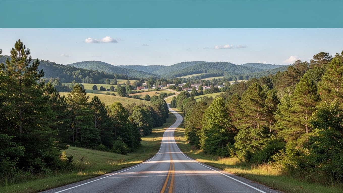 Green header band with 'RURAL GOODWATER' text above rolling hills, dense forests, and winding road to distant town under blue sky.