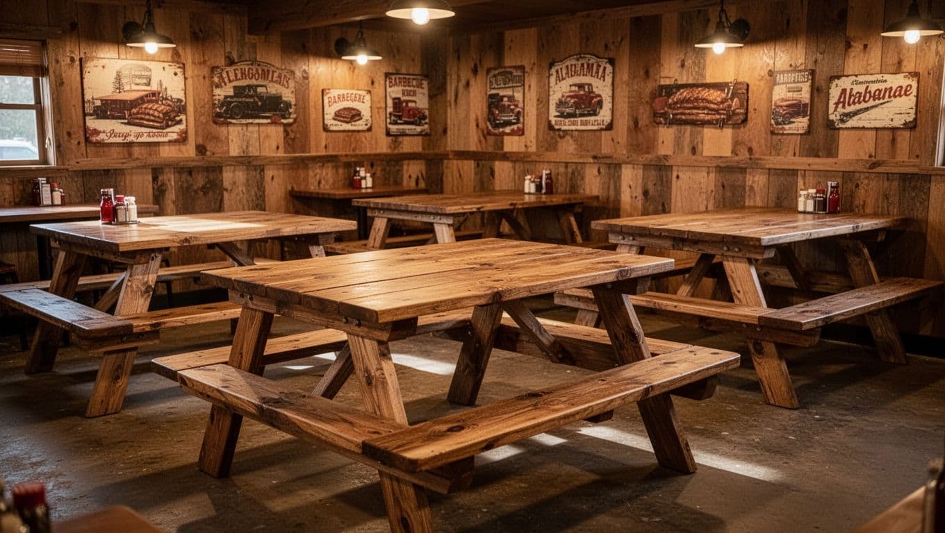 Wooden picnic tables fill a rustic, wood-paneled restaurant featuring a bold green Alabama Flavors headline.