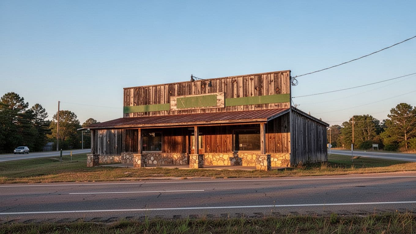 Rustic barbecue cafe on Alabama highway under blue sky with golden hour light and green Local BBQ header band.