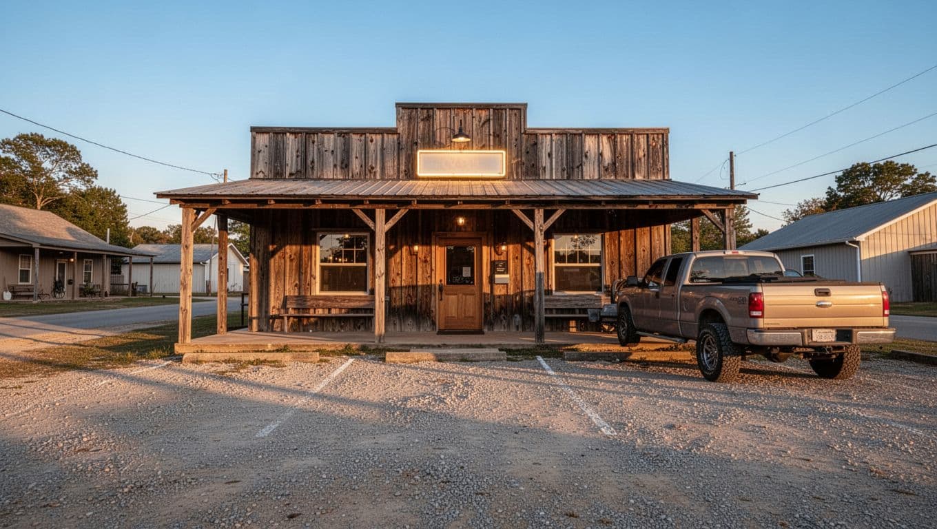 Rustic wooden cafe with neon 'Open' sign, gravel lot and one pickup truck, blue sky, golden hour shadows on front door.