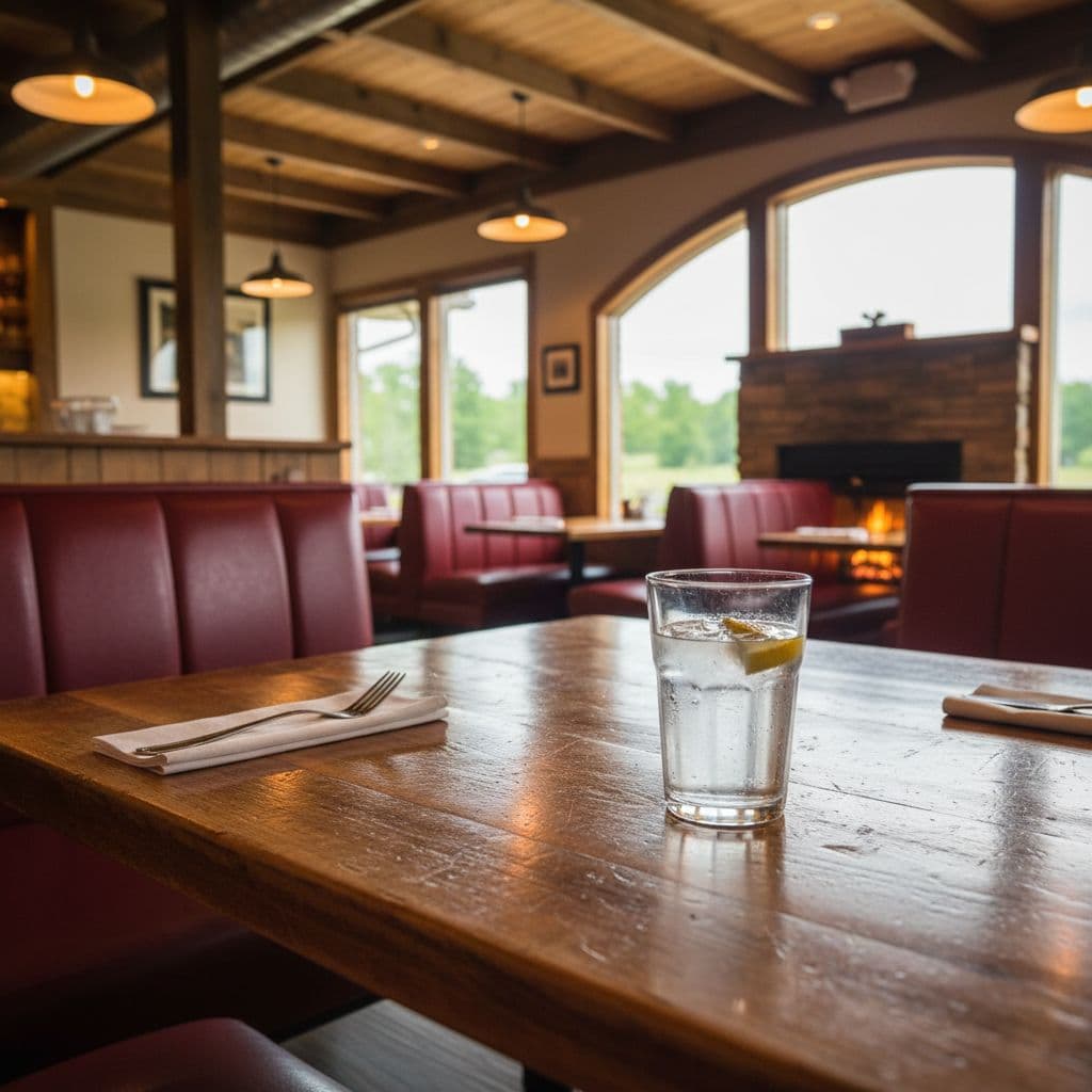 Empty wooden table with water glass in foreground, blurred rustic diner interior behind.
