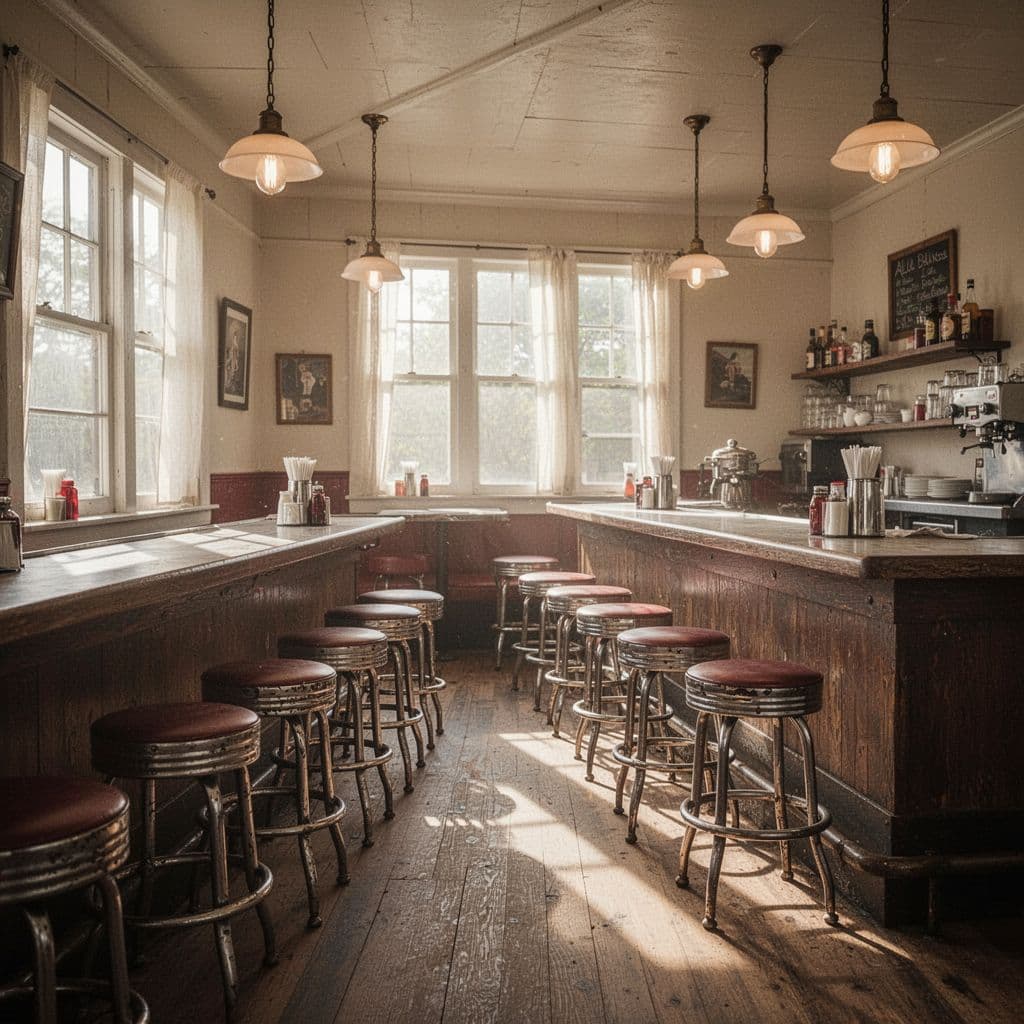 Rustic small-town Alabama diner with long counter, vintage stools, morning light through windows, and 'Local Flavors' headline at top.