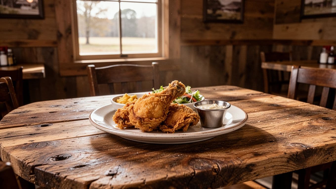A plate of fried chicken and sides rests on a wooden table inside a rustic restaurant.