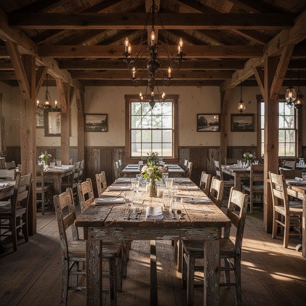 An empty rural Alabama restaurant features warm lighting, wooden furniture, and a geometric local flavor sign.