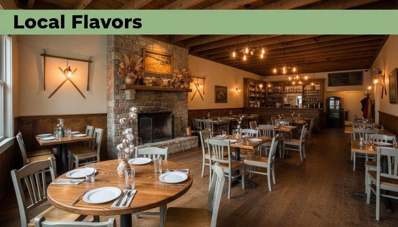 Empty rustic restaurant with wooden tables, one set for dining, warm lighting, and green Local Flavors banner at top.