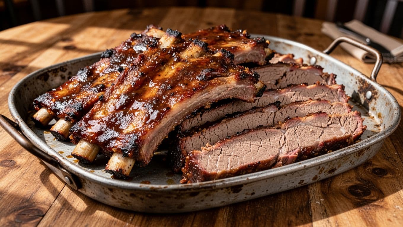 A rustic metal tray features tender barbecue ribs and sliced brisket in a restaurant setting.