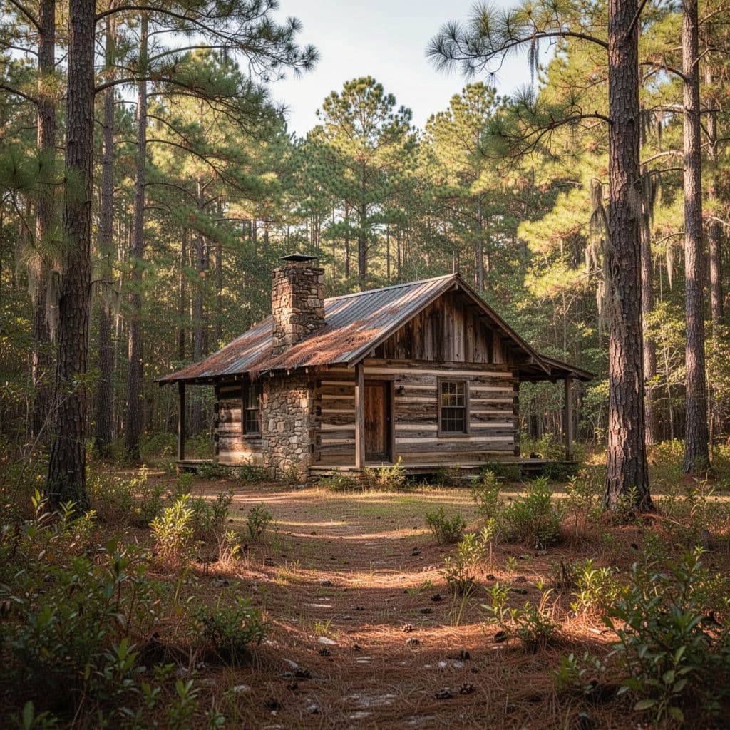 A charming wooden cabin sits nestled within a quiet, sunlit clearing in a lush Alabama forest.