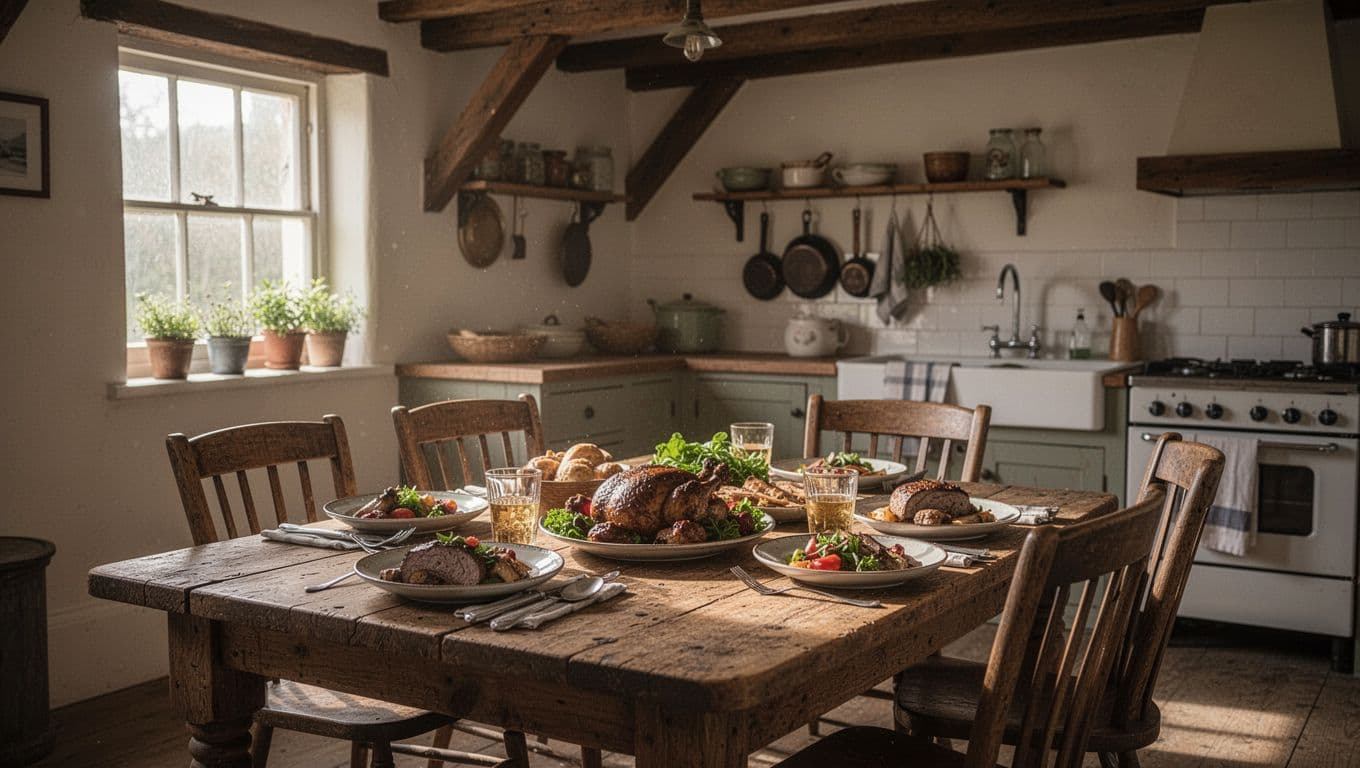 A set rustic wooden table features a warm meal in a sunlit small-town dining room.