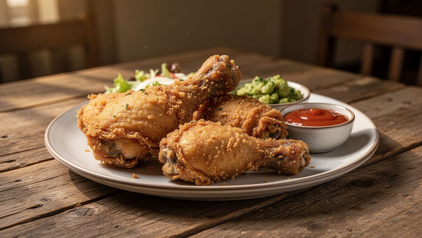 Plate of golden-brown fried chicken and sides on wooden table under green Local Flavors headline.