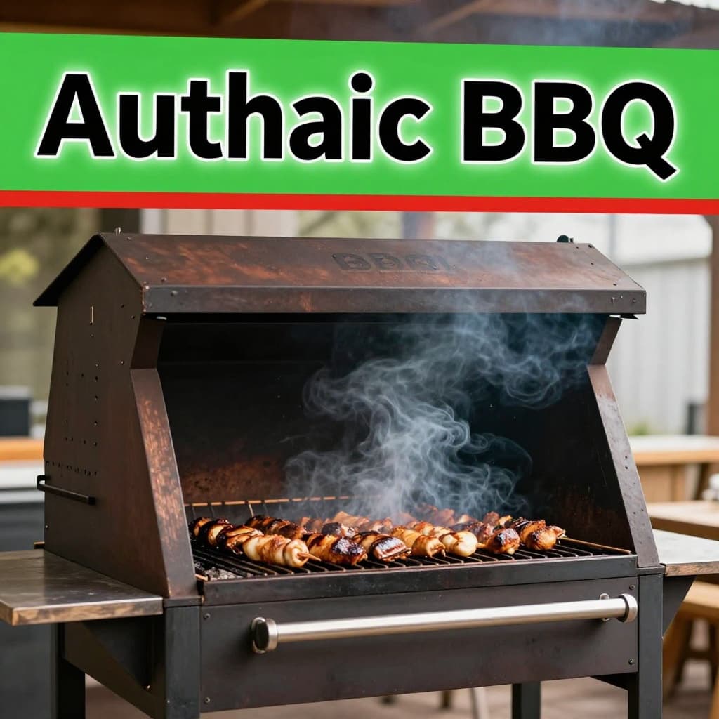 A rustic wood-fired smoker sits in an outdoor kitchen with a vibrant green header.
