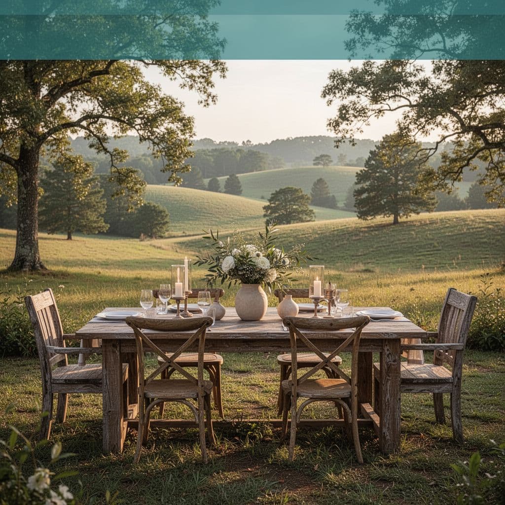 A rustic wooden dining table sits in a lush rural Alabama field under a green header.
