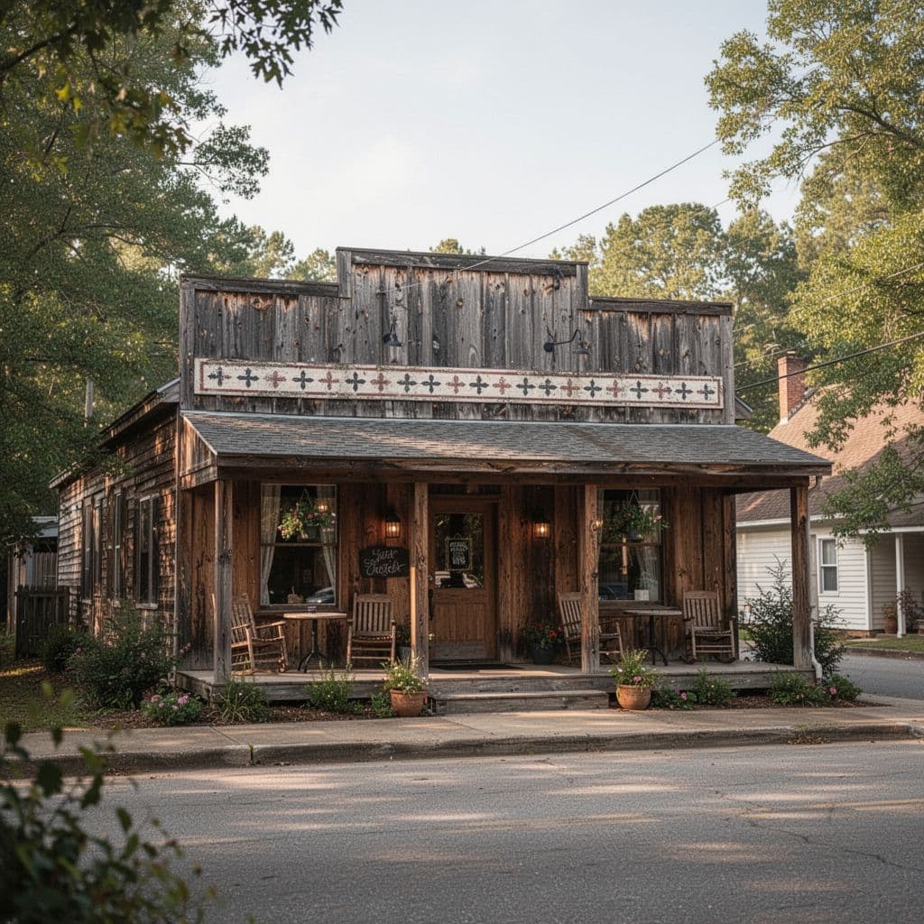 The inviting exterior of a small-town Alabama restaurant features a charming rustic facade under daylight.