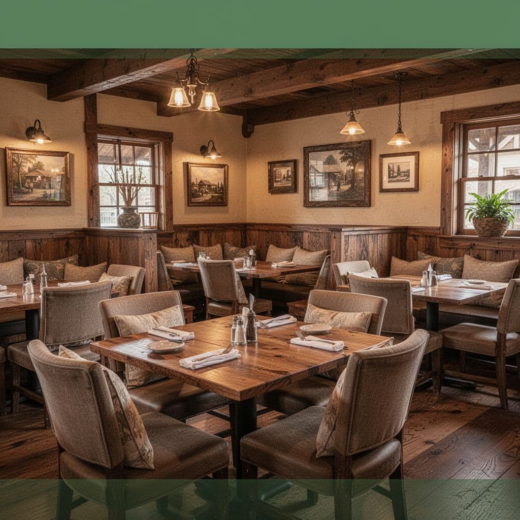 An inviting southern restaurant dining room features warm wood furnishings and soft ambient lighting.