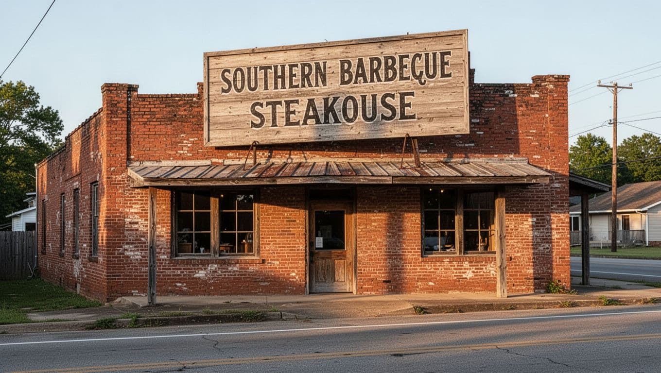 A rustic red brick barbecue restaurant sits on a quiet small-town street.