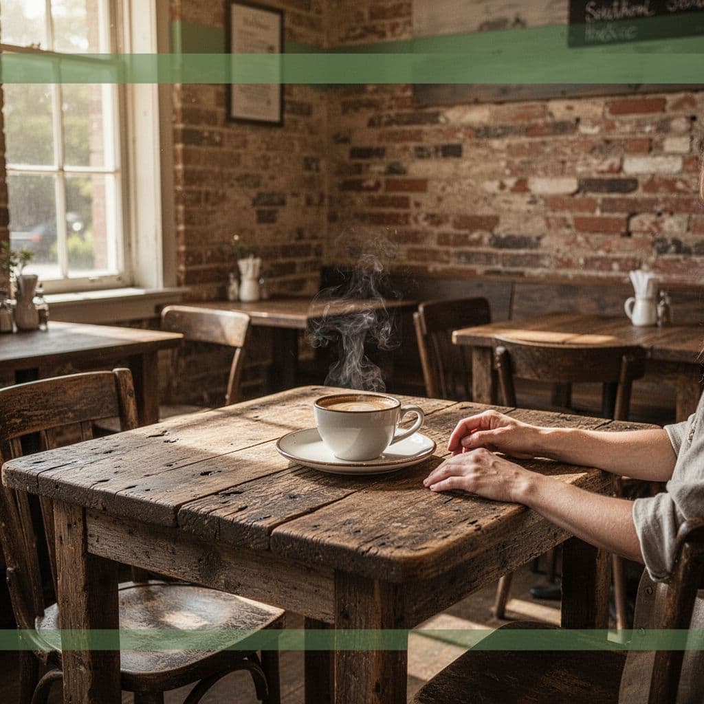 An empty wooden table sits in a warm, rustic Southern cafe featuring green editorial branding.