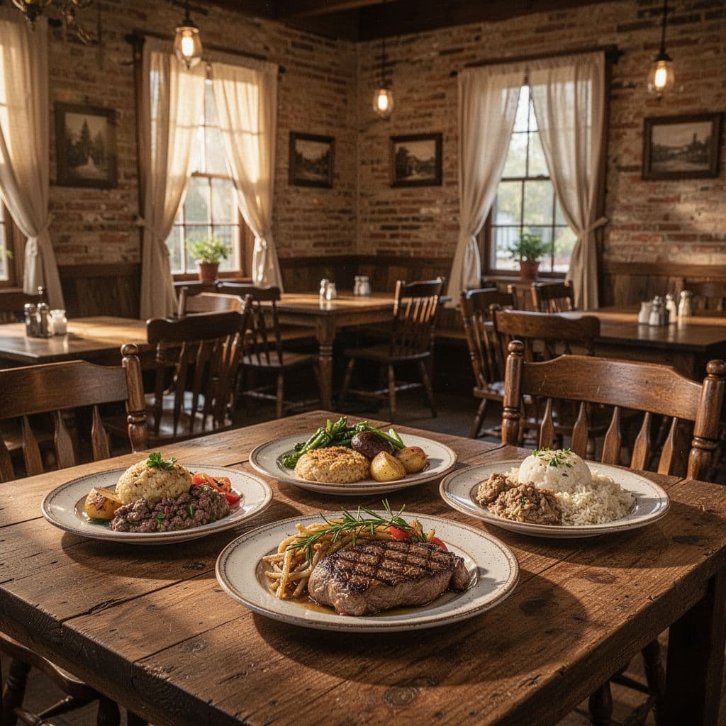 Rustic cafe interior with wooden furniture, plates of home-cooked food in foreground, and 'Southern Comfort' headline in green band at top.