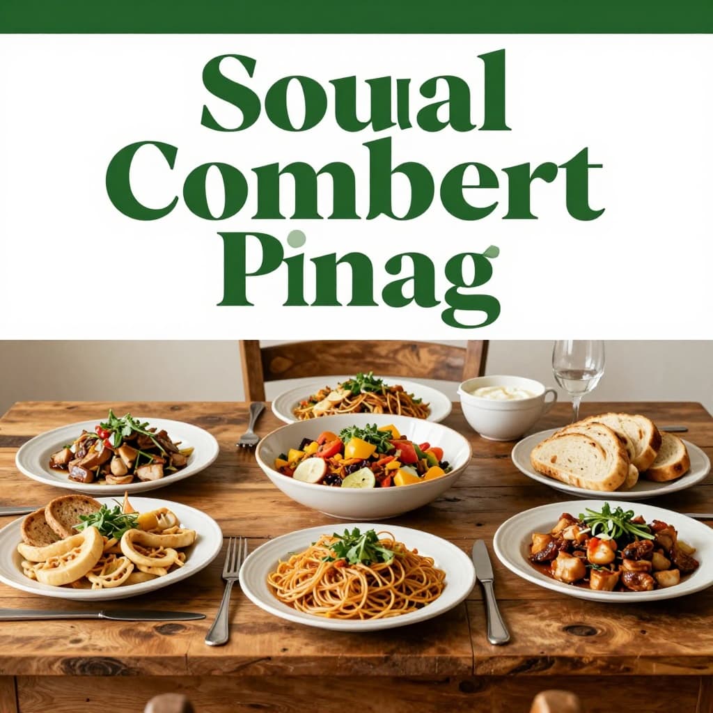A top-down view of classic Southern comfort food arranged on a wooden dining table.
