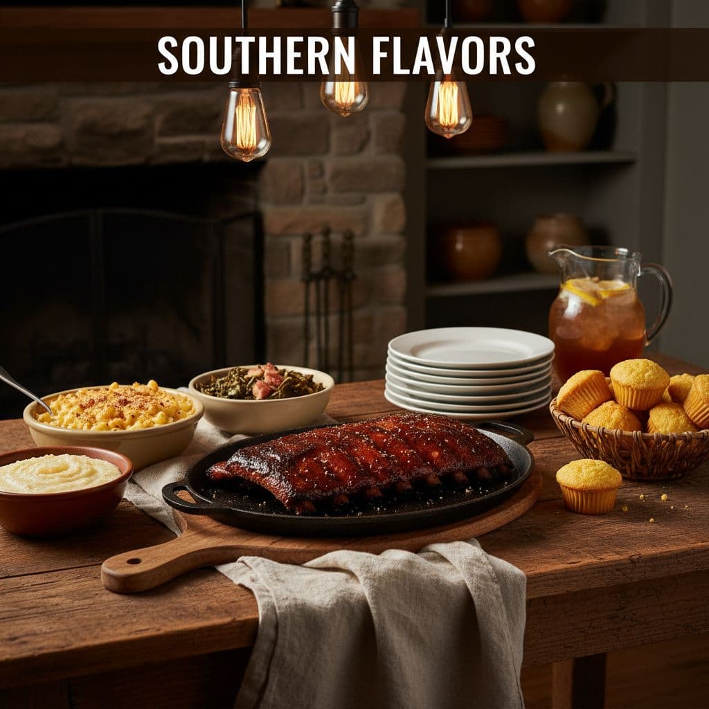 A wooden table featuring a platter of ribs and classic sides under soft ambient lighting.
