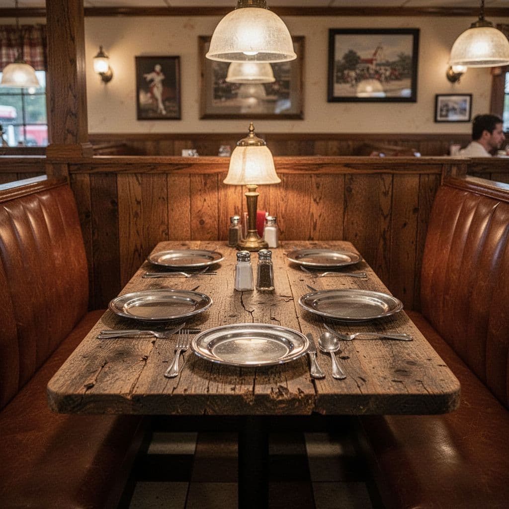 A clean, empty wooden table set in a warm, rustic Southern-style diner with a green accent.