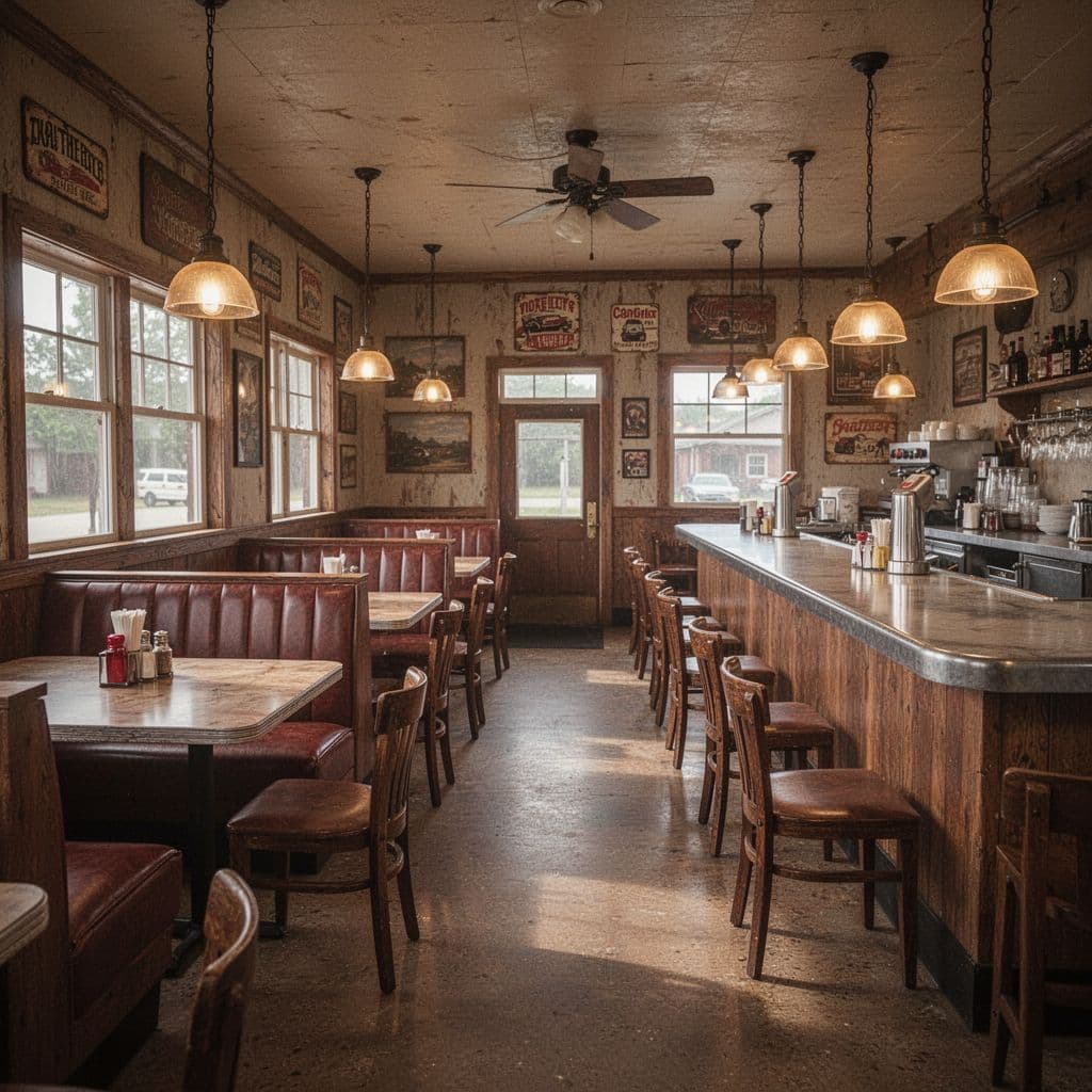 A cozy, sunlit Southern diner interior features wooden tables and a warm, welcoming atmosphere.