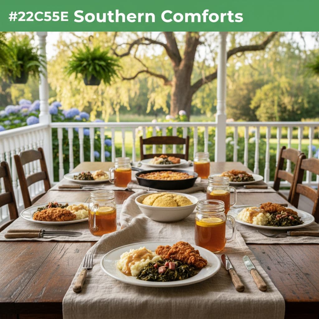 A dark oak table set with ceramic plates in a warm, blurred country landscape.
