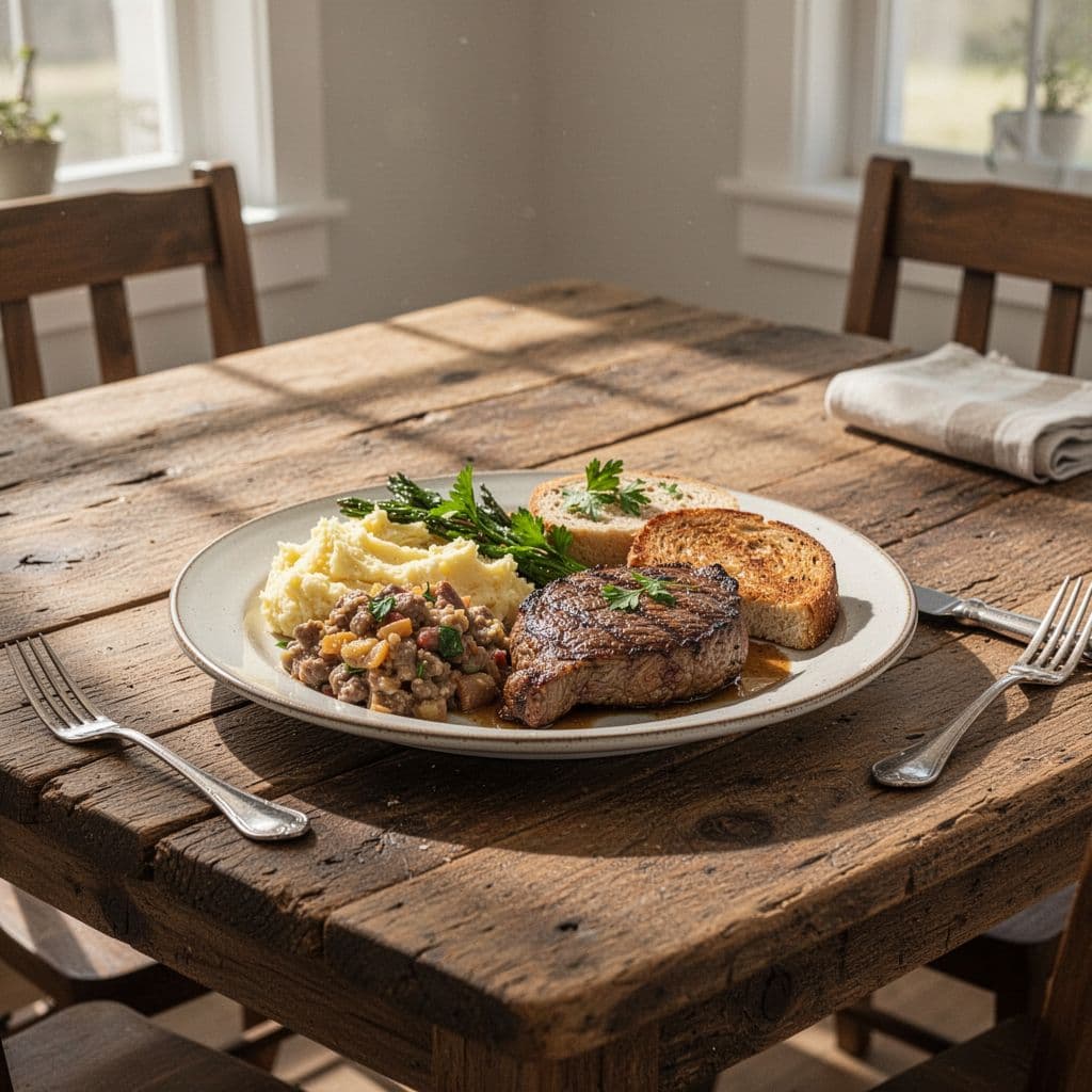 A plate of Southern food sits on a rustic wooden table in a bright dining area.