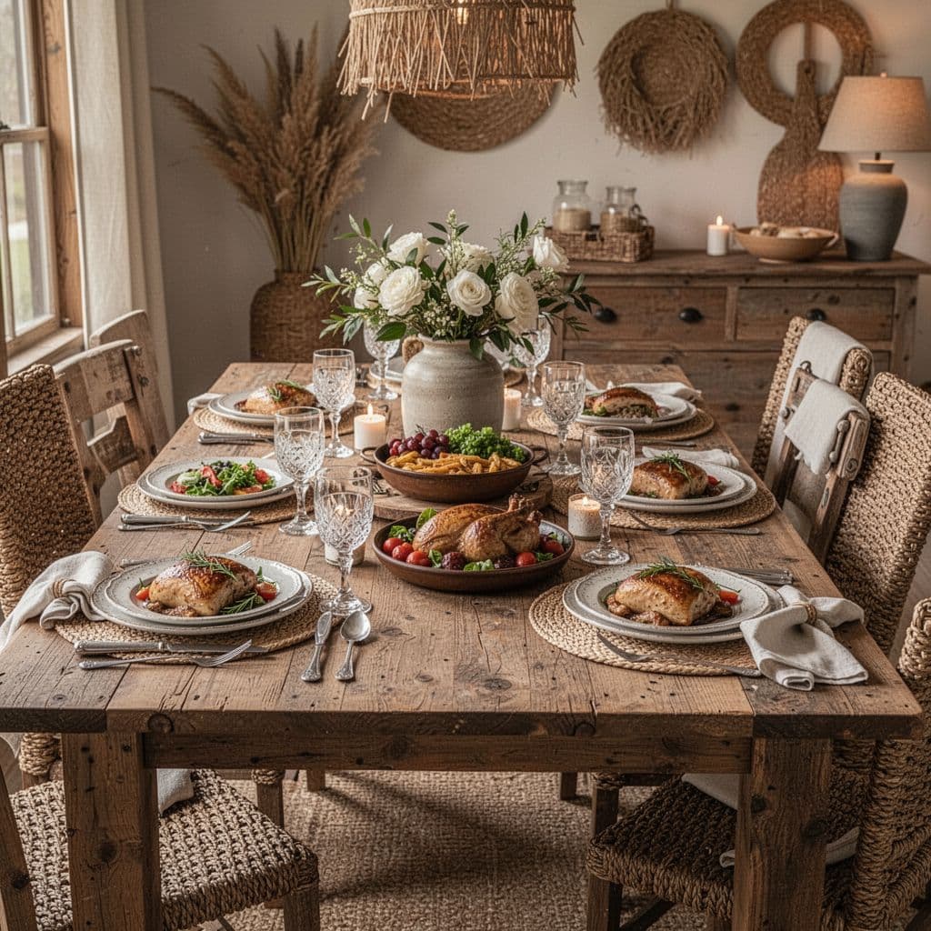 A wooden table is set with traditional Southern dishes under warm, ambient lighting.