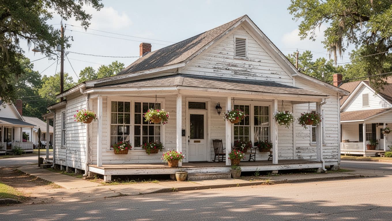 White wooden building with front porch, large windows, flower pots on quiet Alabama street, green 'Southern Dining' banner across top.