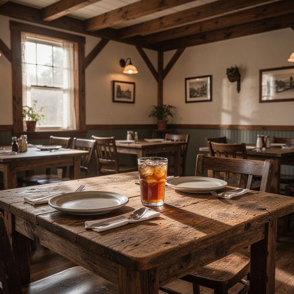 A set wooden table inside a cozy rural Southern restaurant with soft ambient lighting.