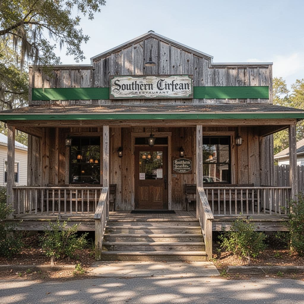 A quaint rustic restaurant building features a bright green banner displaying Southern Dining in white text.