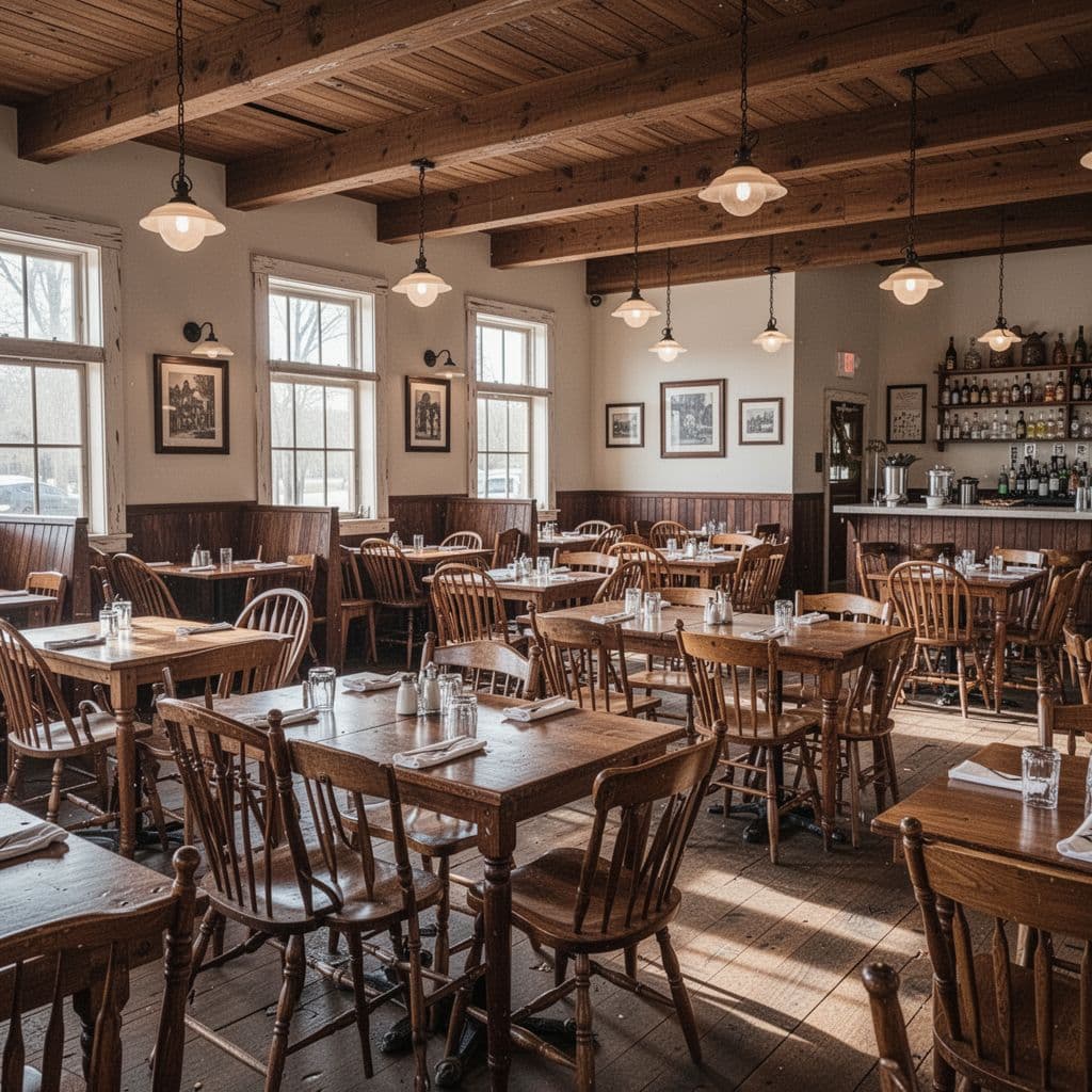An inviting restaurant interior features wooden furniture and warm lighting in a clean dining space.