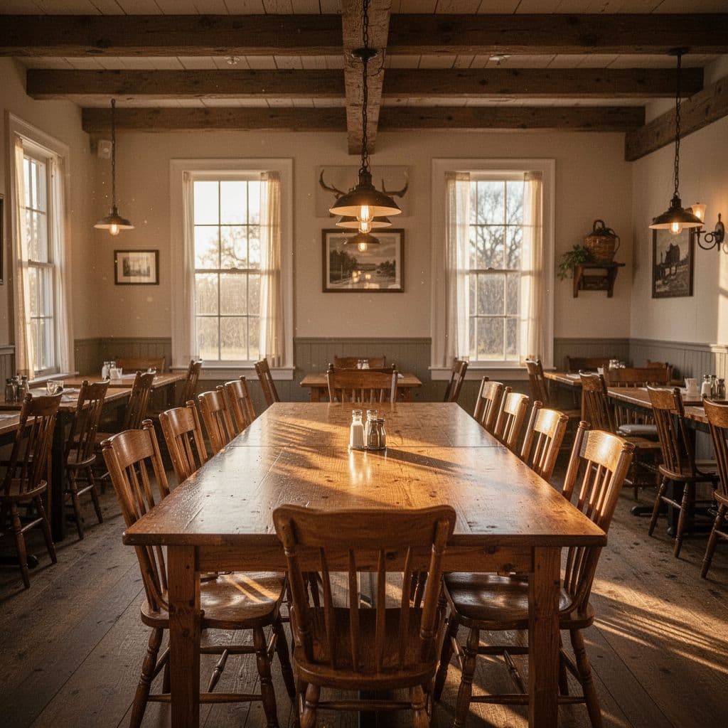 A bright, inviting rural restaurant features warm lighting, wooden furniture, and a Southern Comfort headline.