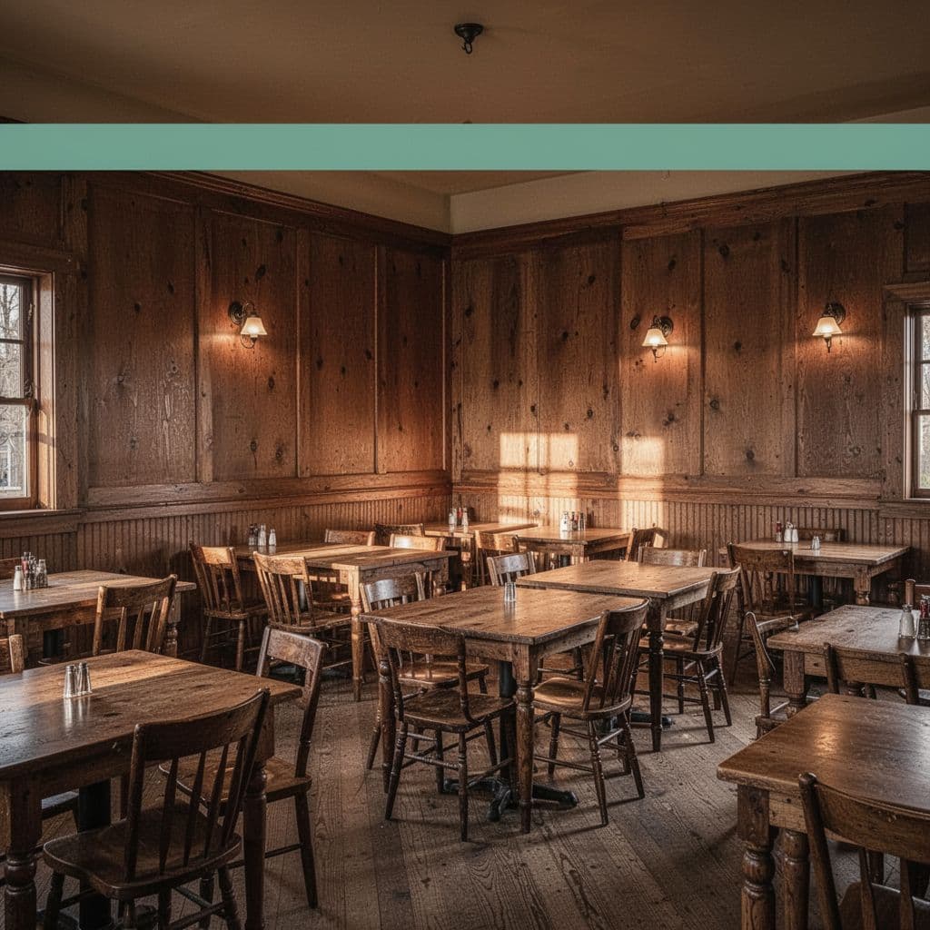 Empty rustic interior with wood-paneled walls, simple wooden tables, warm lighting, and green LOCAL EATS band at top.